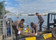 Menjelang HUT Bhayangkara ke-79, Polres Bima Kota Gelar Kerja Bakti Bersih Laut di Pelabuhan Bima